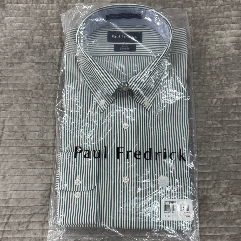 Paul Fredrick Men's Green Striped Dress Shirt